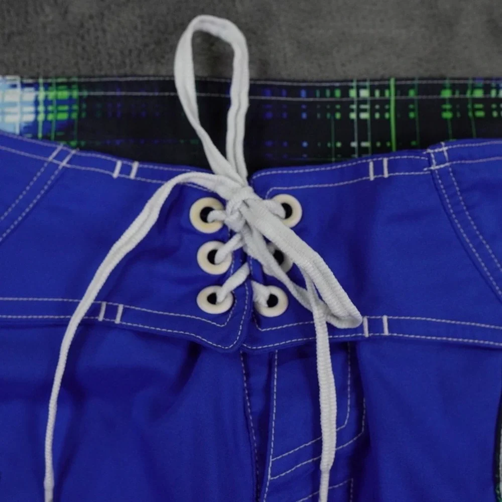Nike Board Shorts Men 36 Blue Lace Up Grid‎ Trim Swim Trunks Unlined Beach Surf